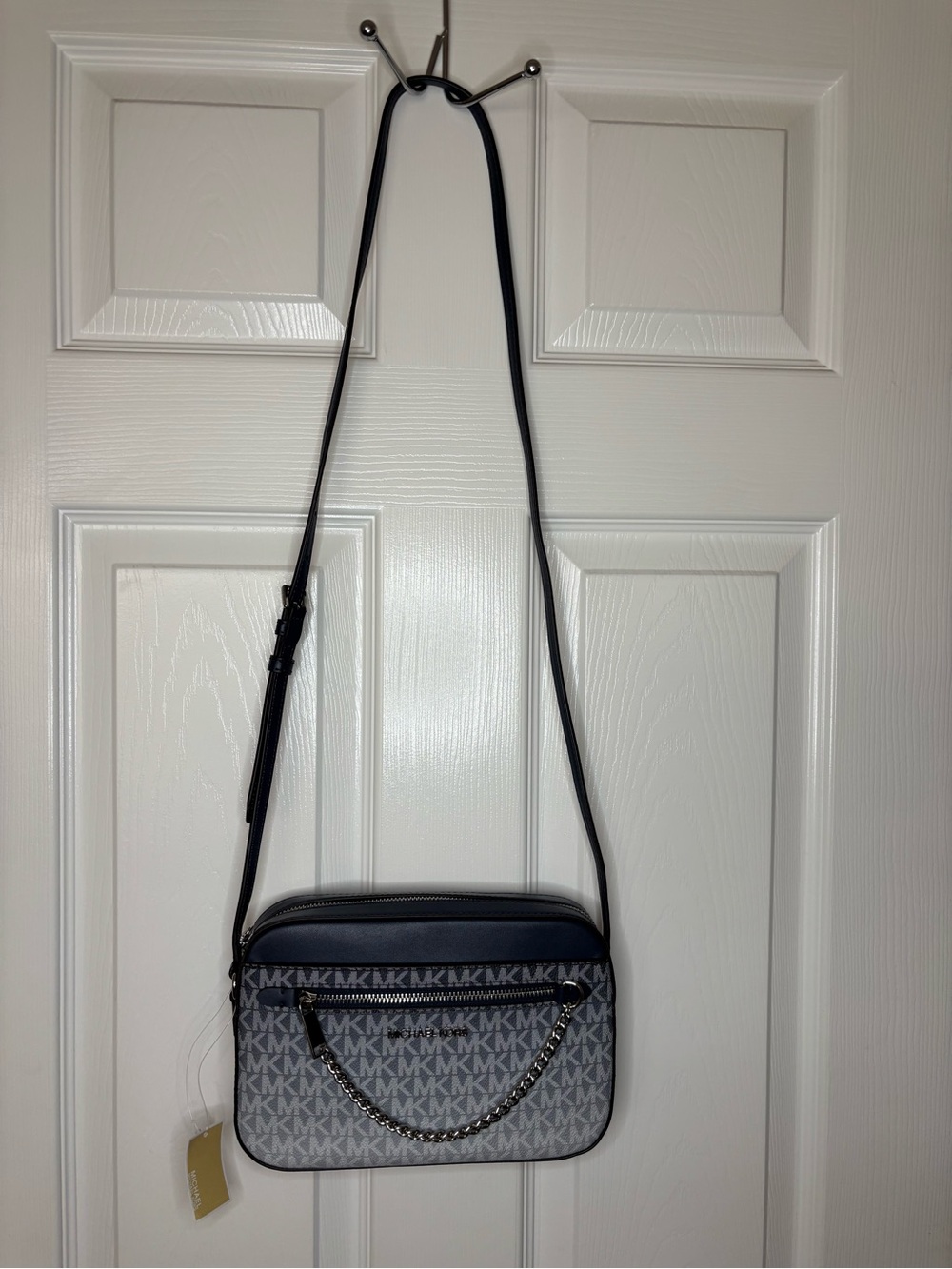 Michael Kors Gray MK Monogram Crossbody Camera Bag with Chain Accent